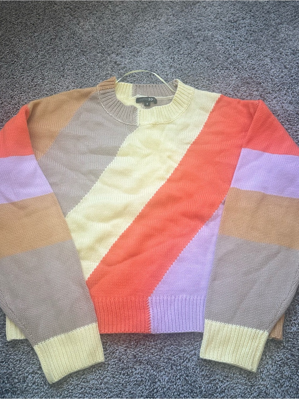 Papermoon Diagonal Colorblock Crewneck Sweater in Yellow, Orange, Lavender & Tan
